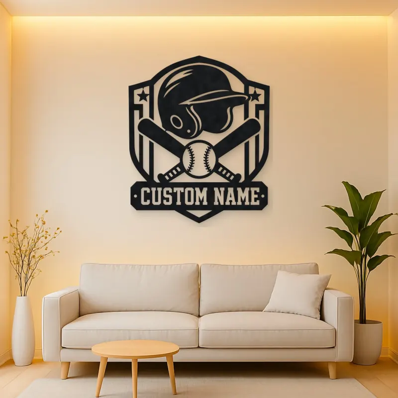 Personalized Baseball Helmet Crossed Bats Shield Metal Wall Art