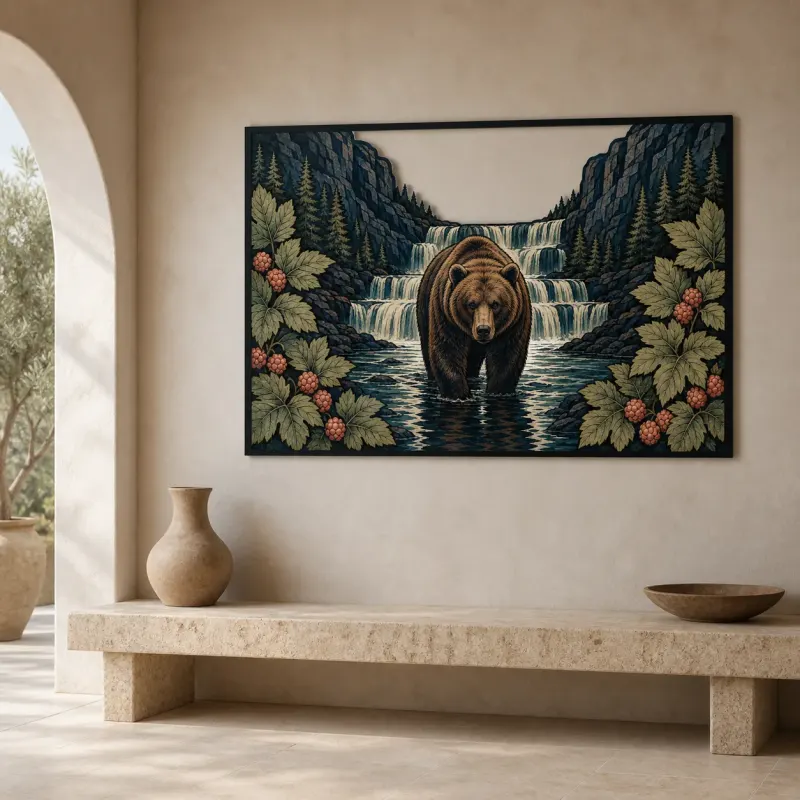 Brown Bear Standing in Mountain Waterfall Colorful Metal Wall Art