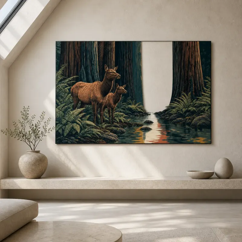 Deer Pair beside Stream in Redwood Forest Colorful Metal Wall Art
