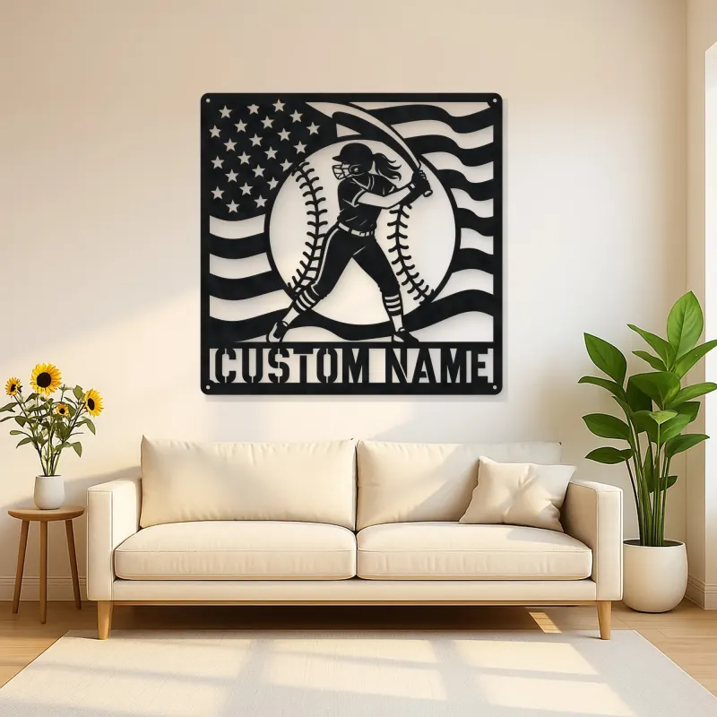 Personalized Female Softball Follow Through Flag Metal Wall Art