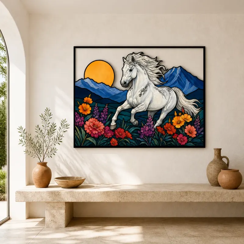 White Horse Running through Mountain Wildflowers Colorful Metal Wall Art