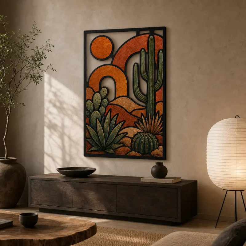 Mid Century Desert Cactus with Abstract Sun Colorful Metal Wall Art