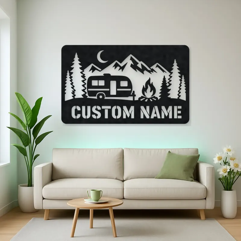 Personalized Travel Trailer Metal Wall Art with Campfire