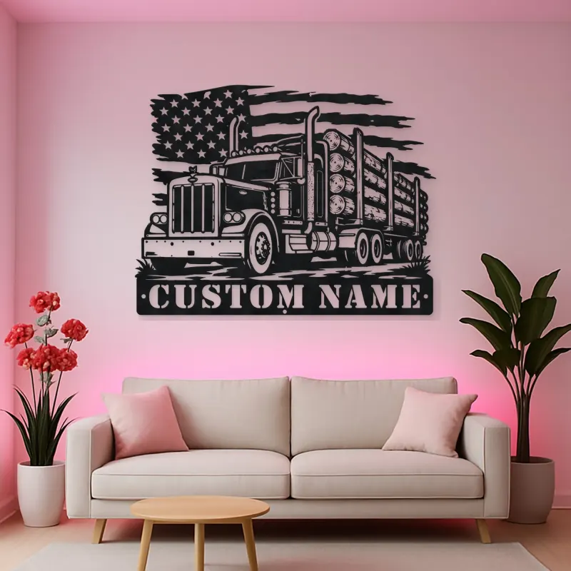 Personalized Logging Semi Truck Metal Wall Art with American Flag