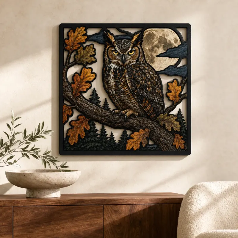 Großer Horned Owl mit Eichenblättern und Mond - Buntes Metallschild