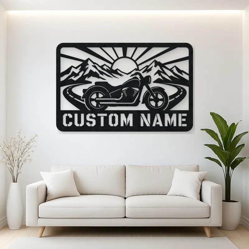 Personalized Cruiser Motorcycle Metal Wall Art with Mountain Road