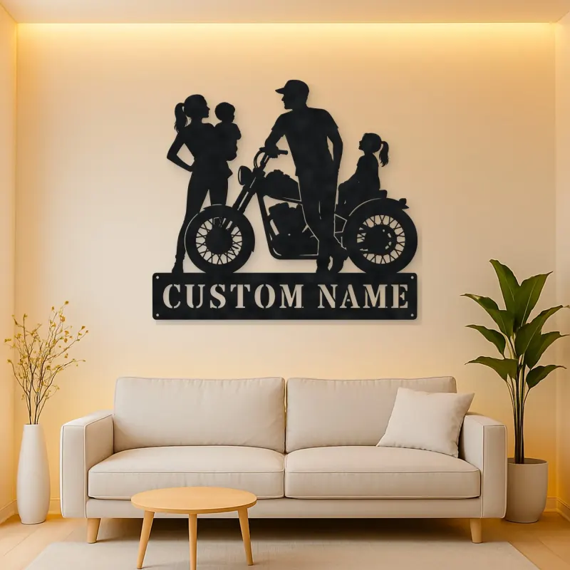 Personalized Motorcycle Family with Seated Daughter Metal Wall Art