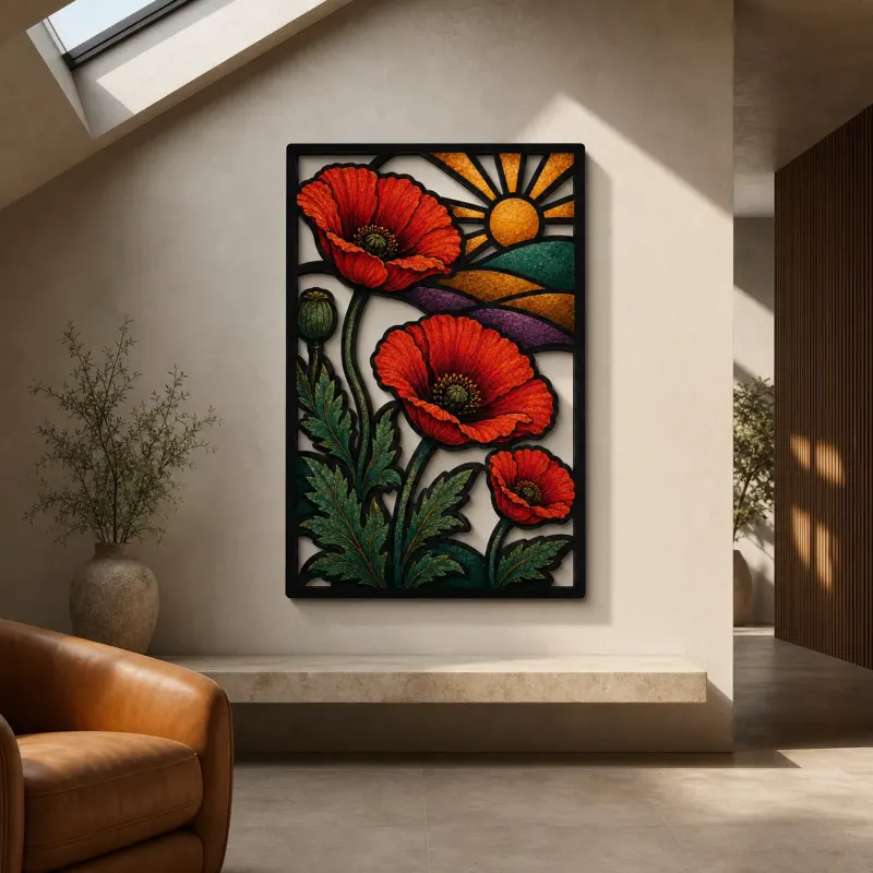 Red Poppies over Rolling Hills at Sunrise Colorful Metal Wall Art