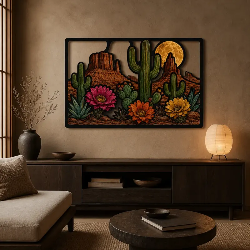 Desert Cactus Garden with Colorful Wildflowers Metal Wall Art