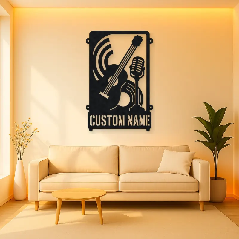 Personalized Double Bass Music Metal Wall Art with Vintage Microphone