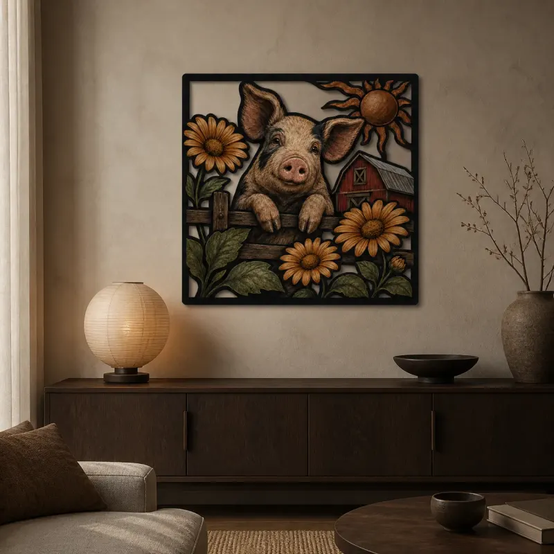 Happy Pig with Daisies and Farmhouse Barn Colorful Metal Wall Art