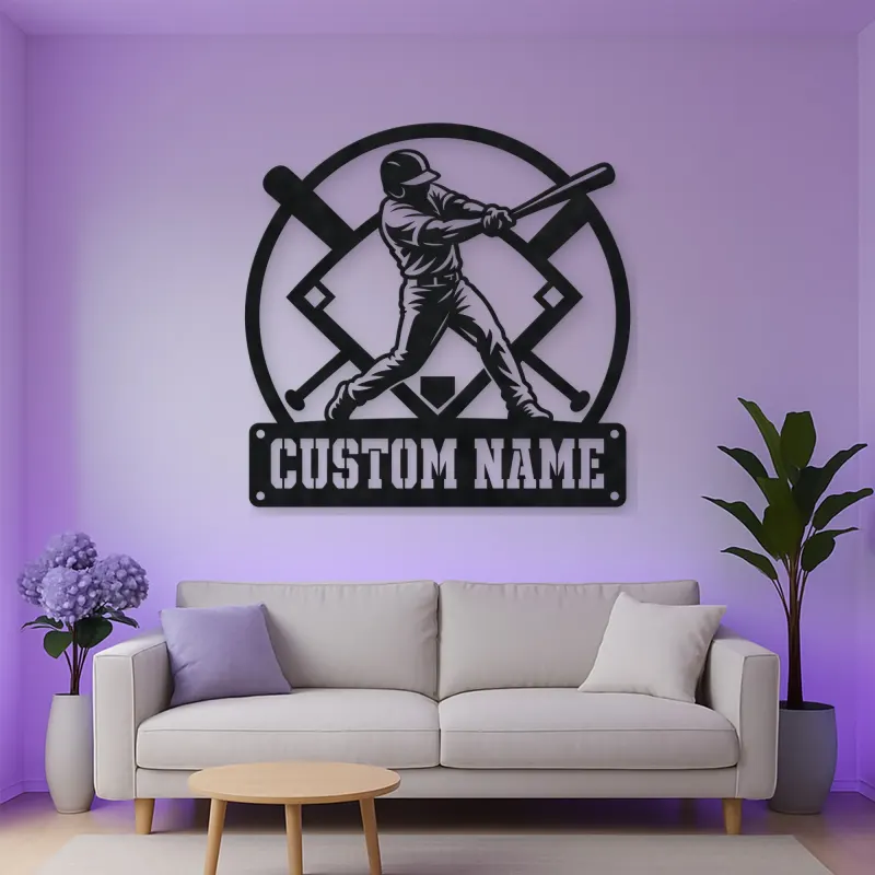 Personalized Baseball Batter Metal Wall Art with Crossed Bats