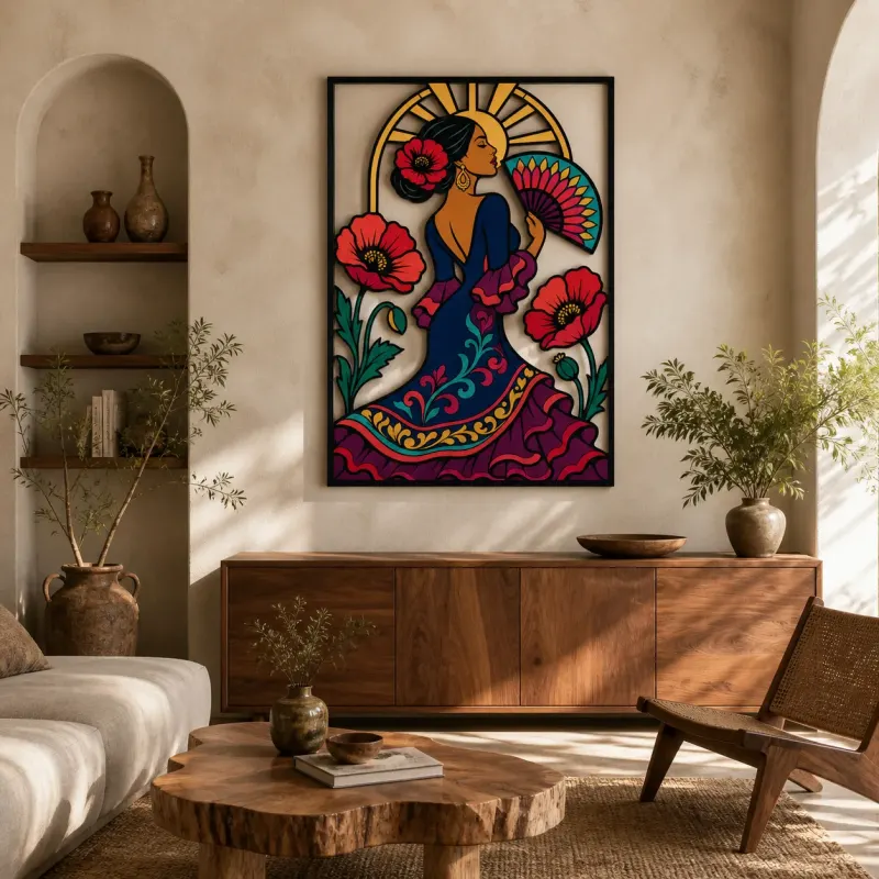 Flamenco-Tänzerin mit buntem Fächer und roten Mohnblumen - Metall-Wandkunst