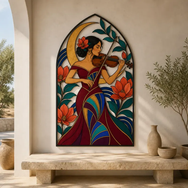 Woman Violinist with Flowers and Crescent Moon Colorful Metal Wall Art
