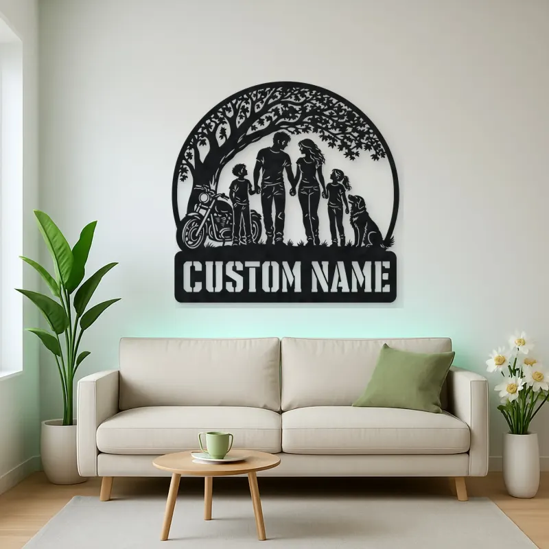 Personalized Family of Four Dog and Motorcycle Metal Wall Art