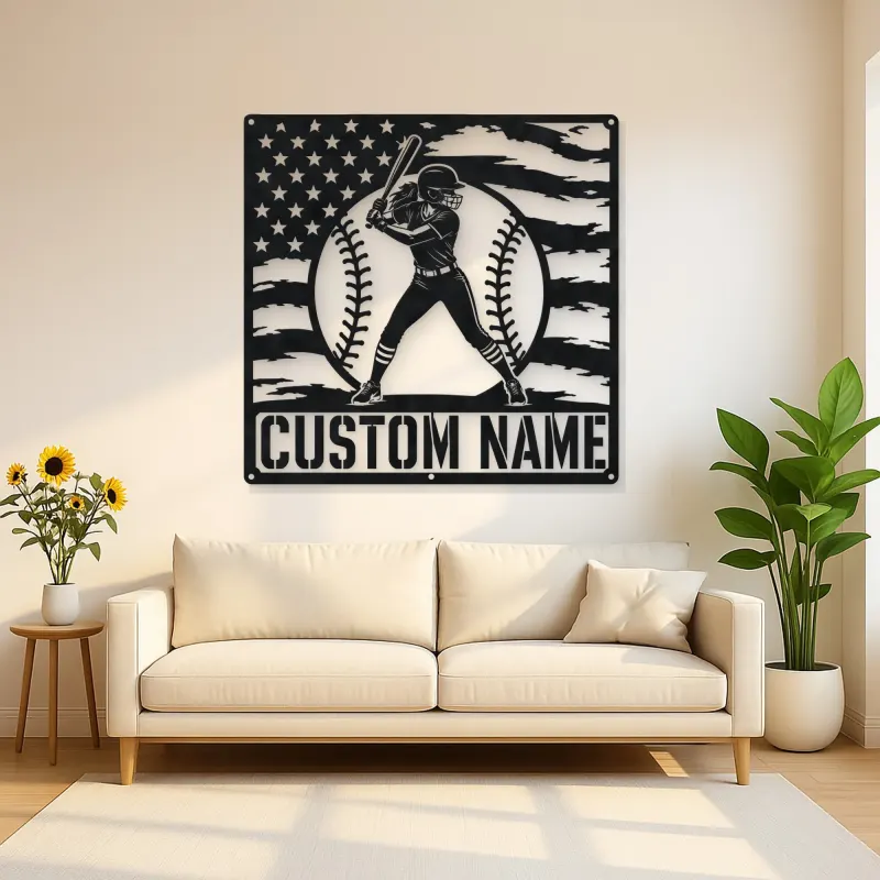 Personalized Female Softball Batter American Flag Metal Wall Art