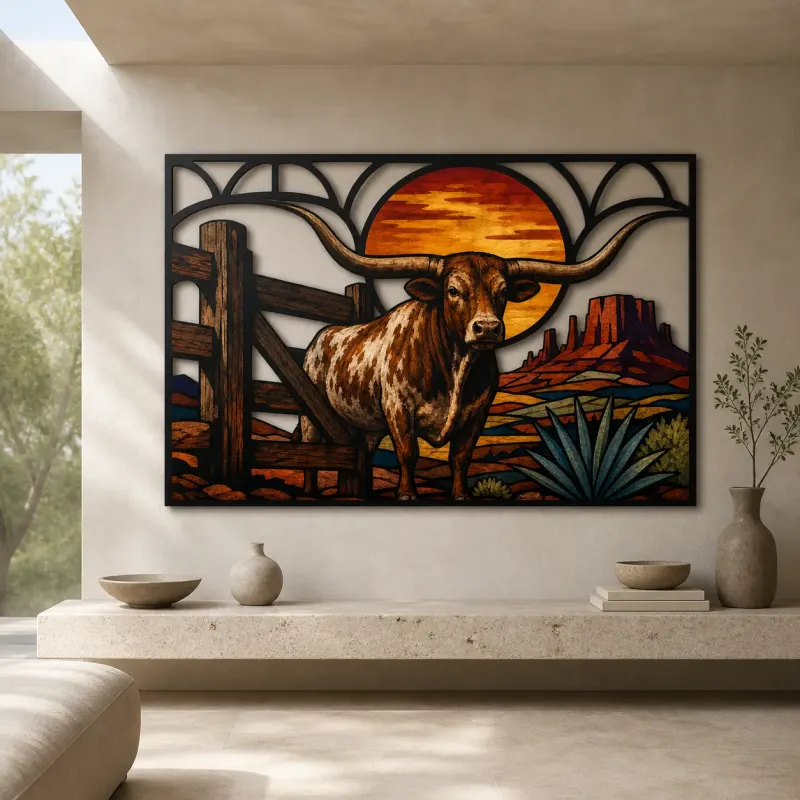Texas Longhorn by Desert Ranch at Sunset Colorful Metal Wall Art