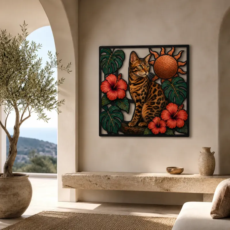 Bengal Cat with Tropical Hibiscus and Sun Colorful Metal Wall Art
