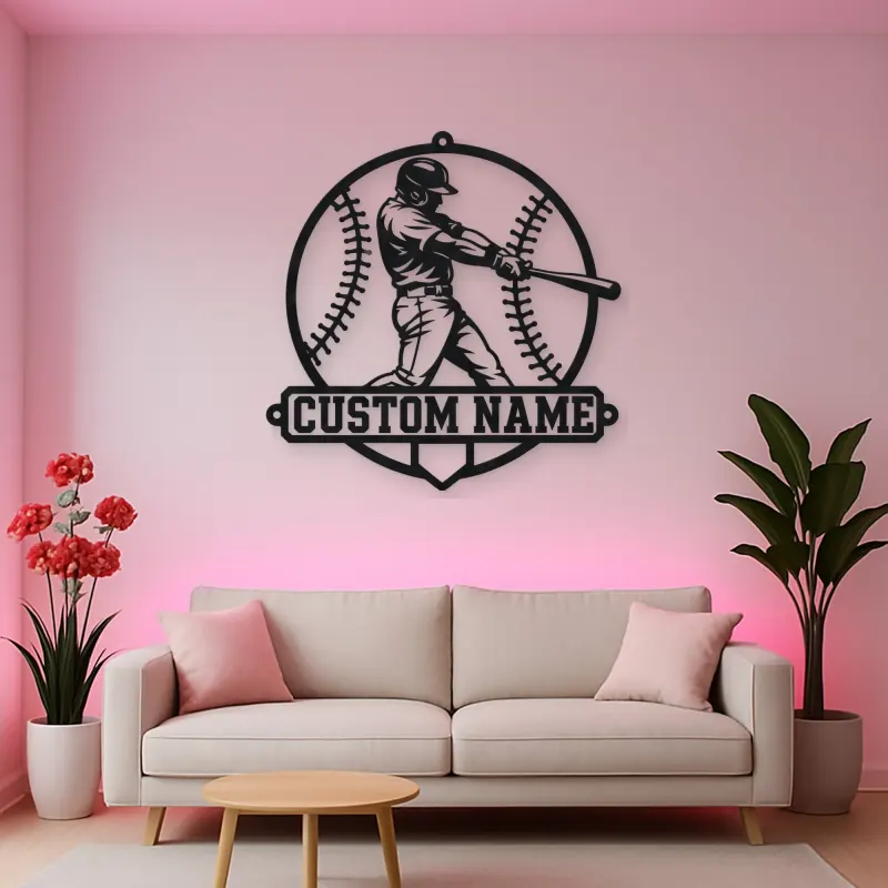 Personalized Baseball Batter Stitched Ball Metal Wall Art