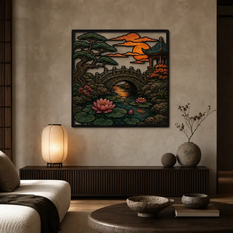 Japanese Garden Bridge with Pine and Sunset Colorful Metal Wall Art