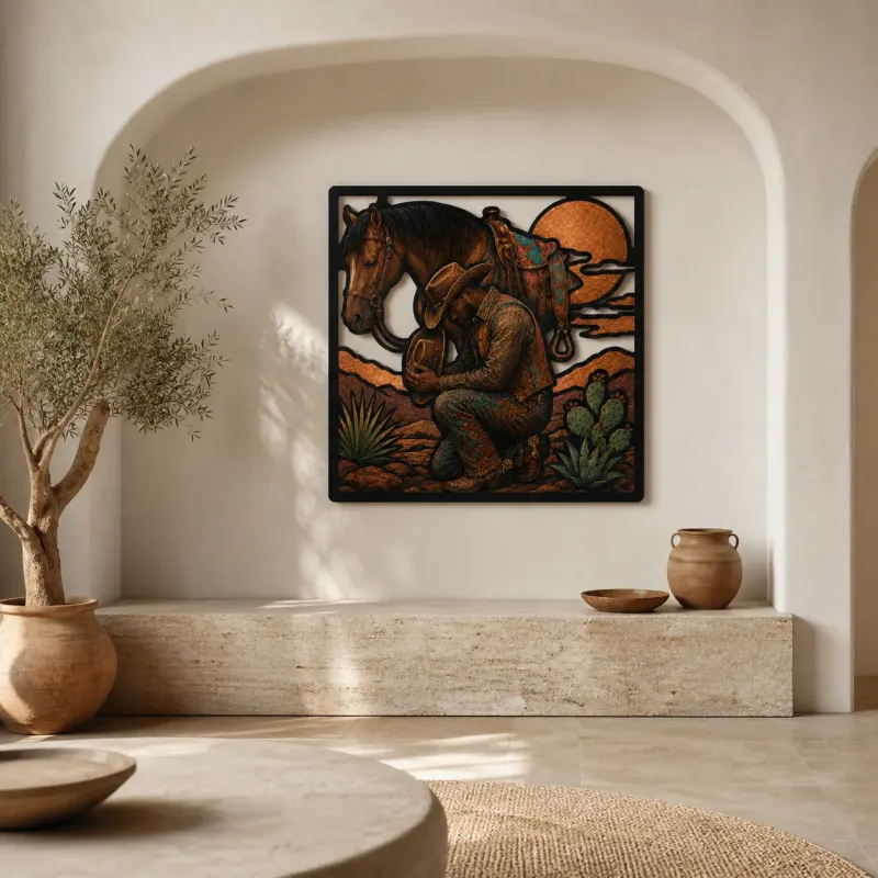 Praying Cowboy beside Saddled Horse at Sunset Colorful Metal Wall Art