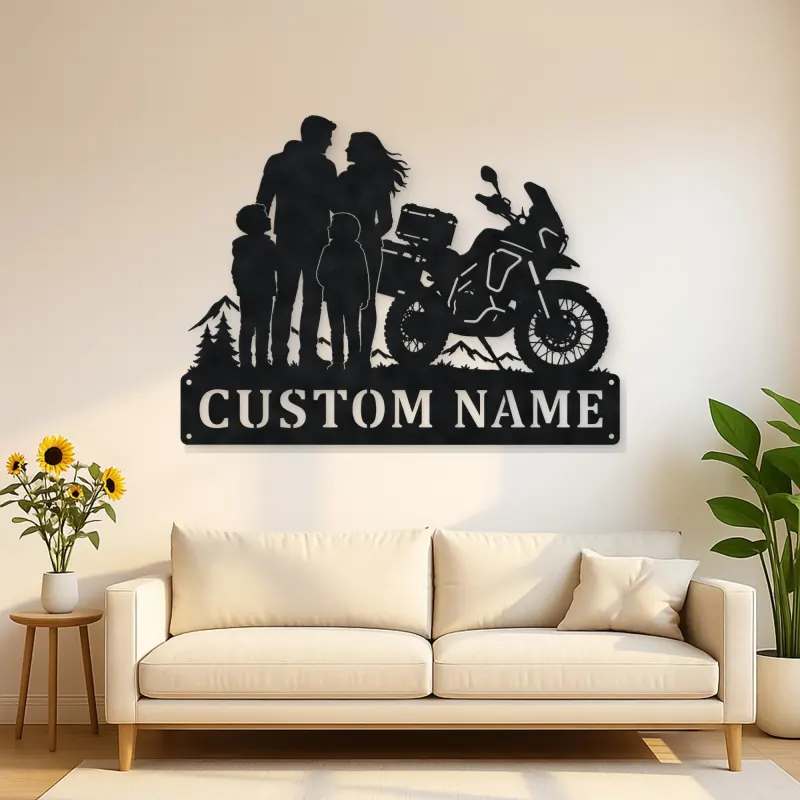 Personalized Adventure Motorcycle Mountain Family Metal Wall Art