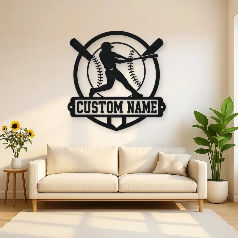 Personalized Baseball Batter Crossed Bats Metal Wall Art