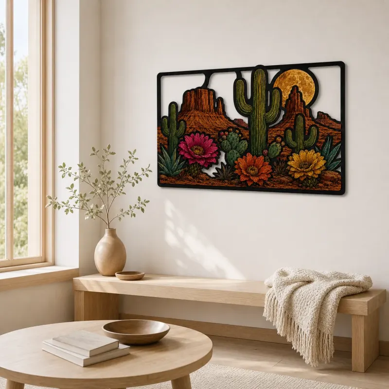 Desert Cactus Garden with Colorful Wildflowers Metal Wall Art