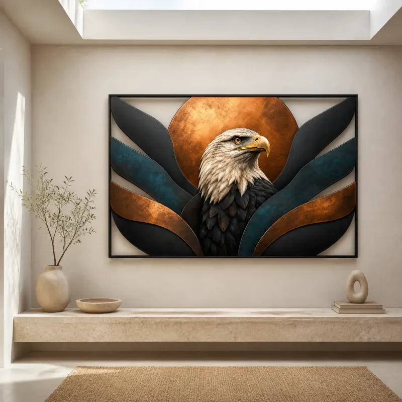Bald Eagle Portrait with Abstract Copper Sun Colorful Metal Wall Art