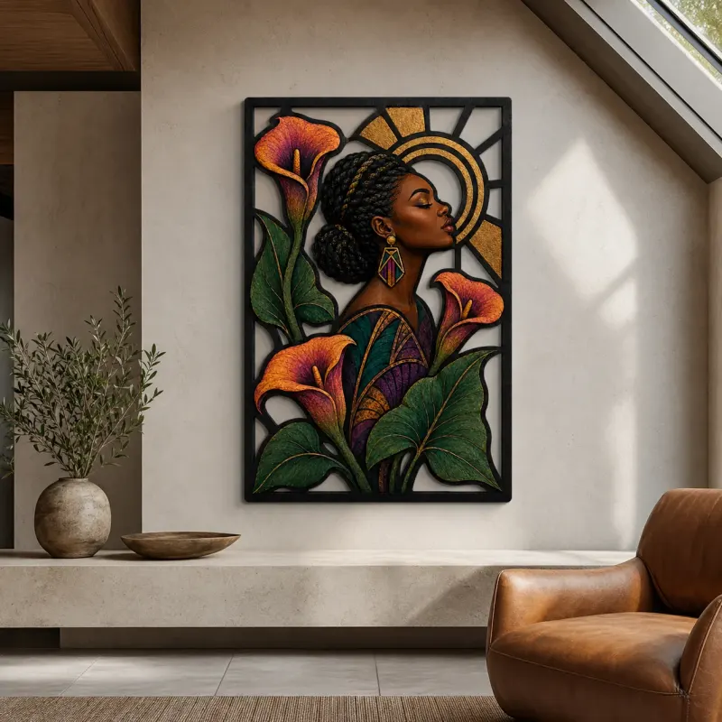Afro Woman with Calla Lilies and Golden Halo Colorful Metal Wall Art