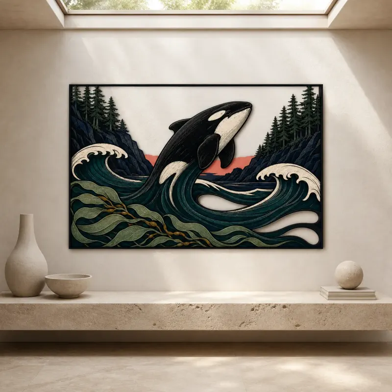 Orca Leaping through Ocean Waves by Pine Forest Colorful Metal Wall Art