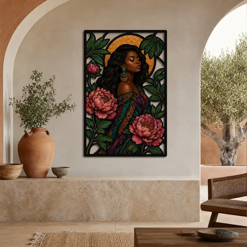 Afro Woman with Peonies and Celestial Moon Colorful Metal Wall Art