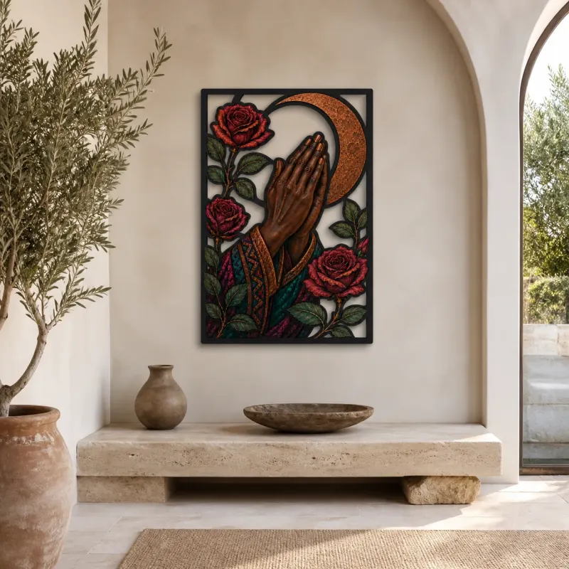 Praying Hands with Red Roses and Crescent Moon Colorful Metal Wall Art