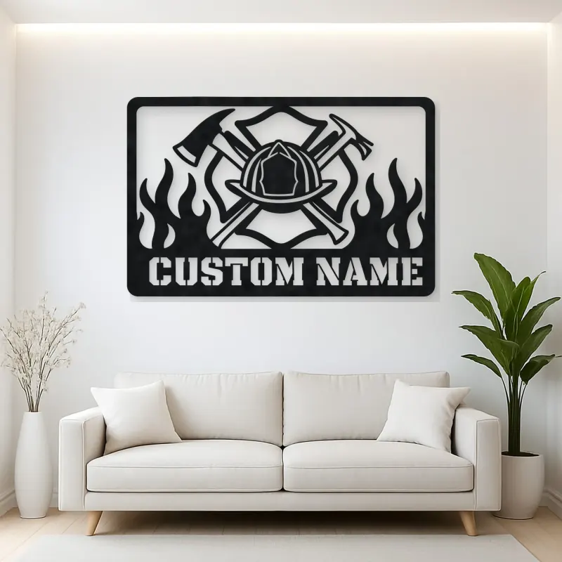 Personalized Firefighter Helmet Metal Wall Art with Flames