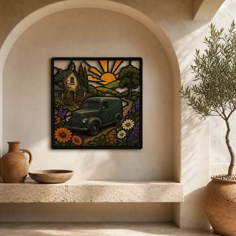 Classic Panel Van outside Flowered Cottage Colorful Metal Wall Art