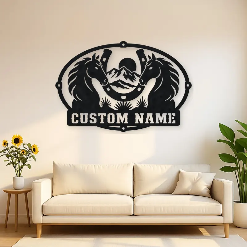 Personalized Two Horse Metal Wall Art with Horseshoe Frame