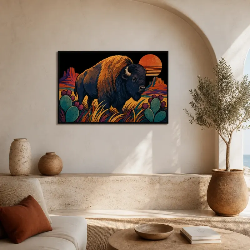 Bison with Cactus in Colorful Southwest Desert Metal Wall Art