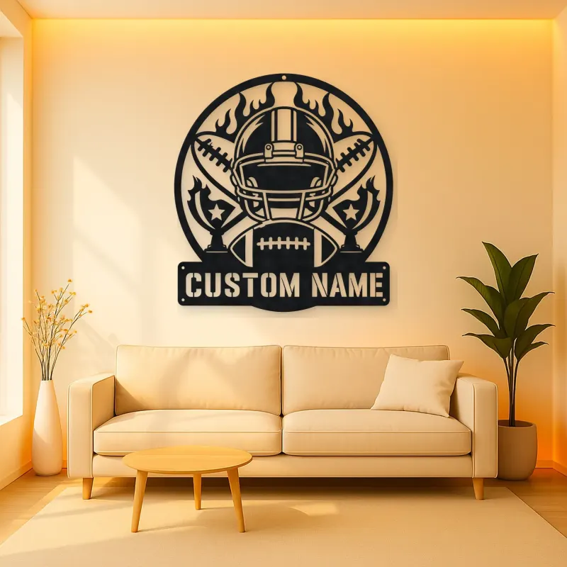 Personalized Football Helmet Trophy Flame Metal Wall Art