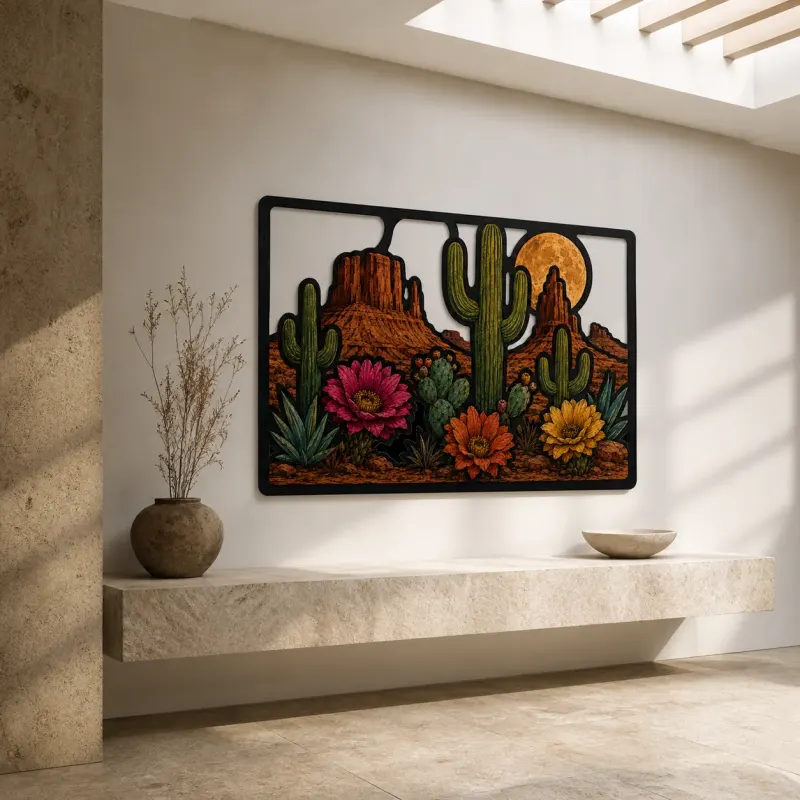 Desert Cactus Garden with Colorful Wildflowers Metal Wall Art