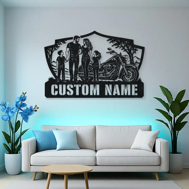 Personalized Family of Four Cruiser Motorcycle Metal Wall Art