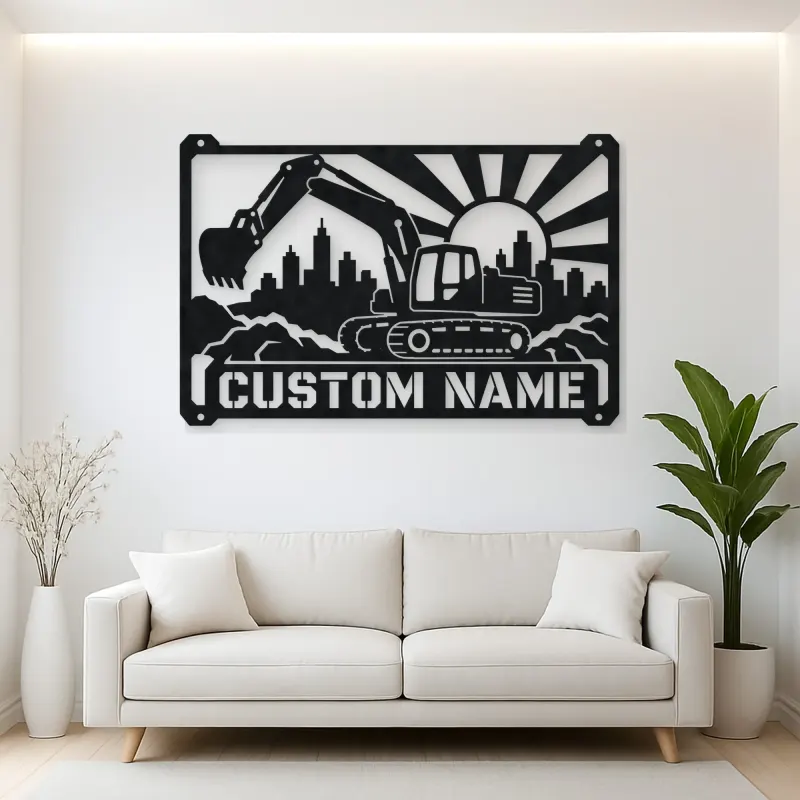 Personalized Excavator Metal Wall Art with Construction Skyline