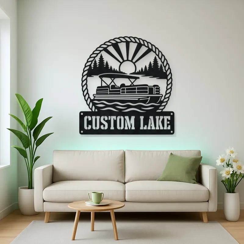 Personalized Pontoon Boat Metal Wall Art with Mountain Lake