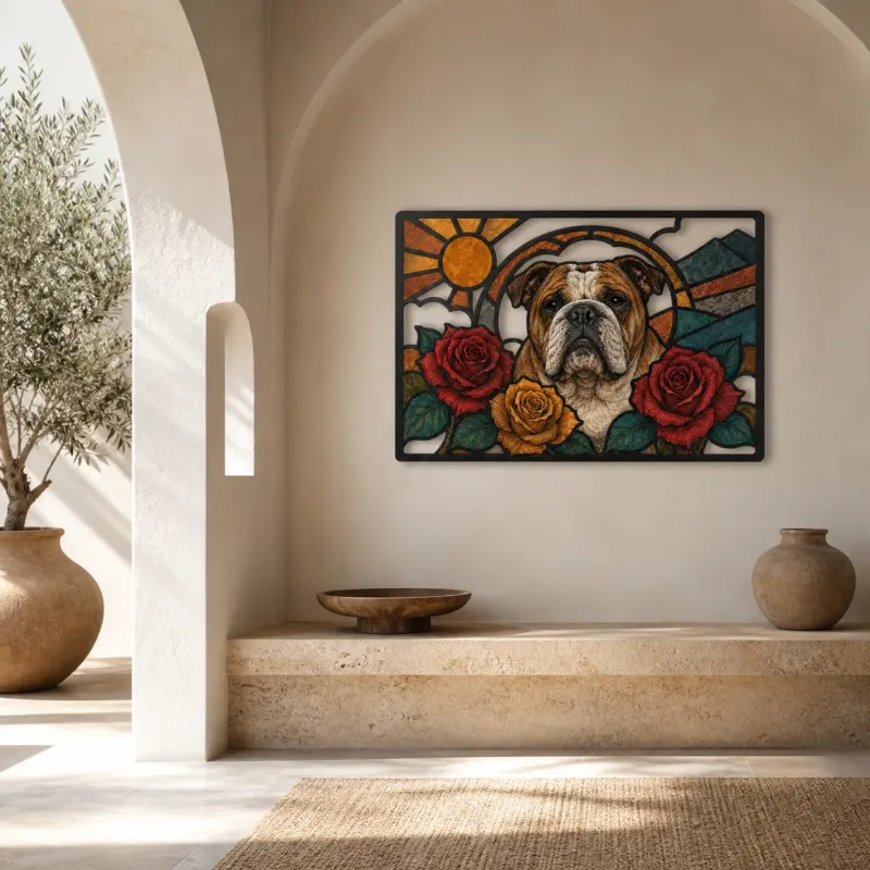 English Bulldog with Red and Golden Roses Colorful Metal Wall Art