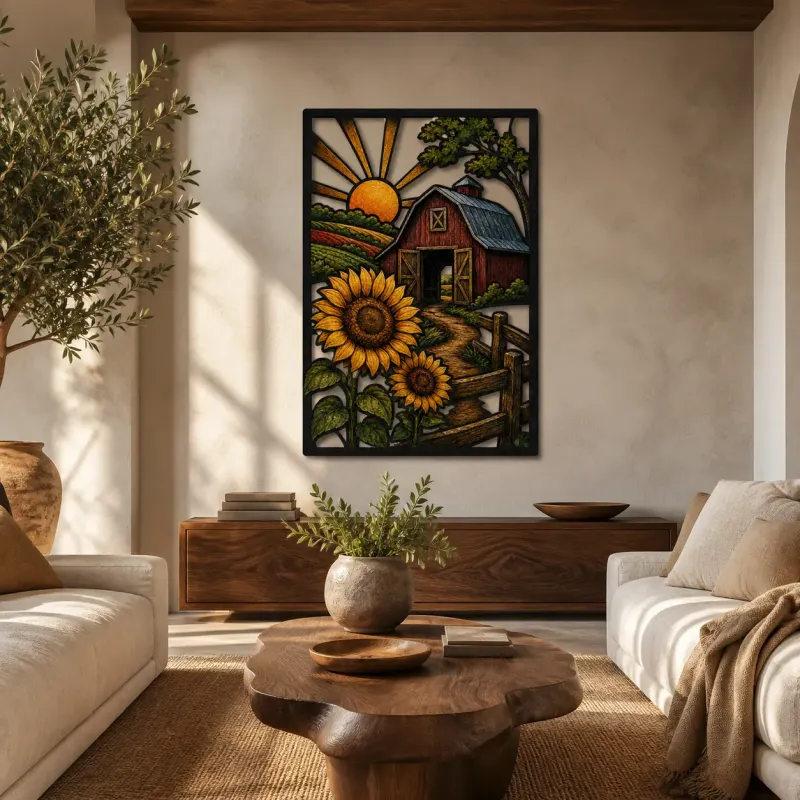 Bunte Metall-Wandkunst mit rotem Bauernhaus und Sonnenblumen bei Sonnenaufgang
