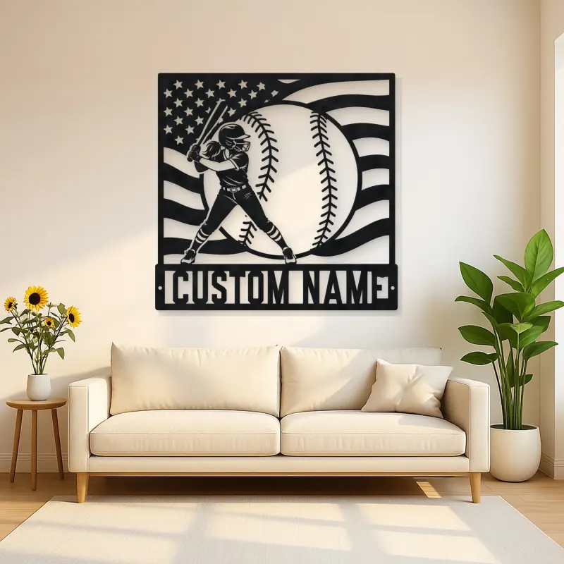 Personalized Softball Player and American Flag Metal Wall Art