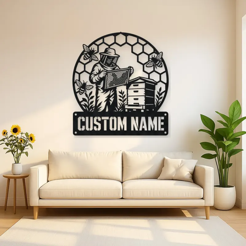 Personalized Beekeeper Honeycomb Frame and Hive Metal Wall Art