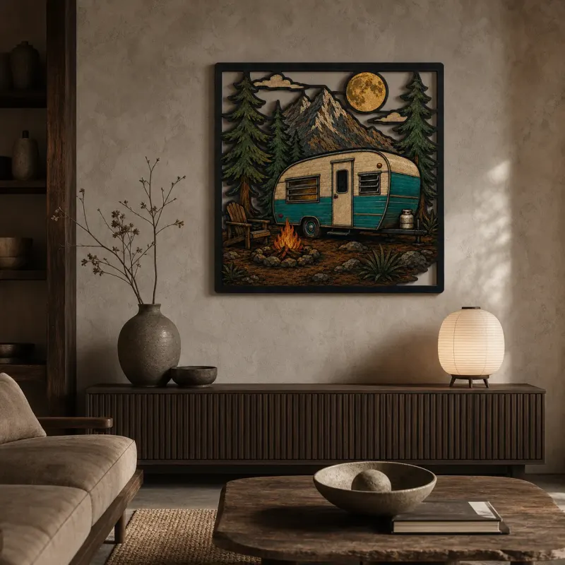 Retro Camper Trailer at Mountain Campfire Colorful Metal Wall Art