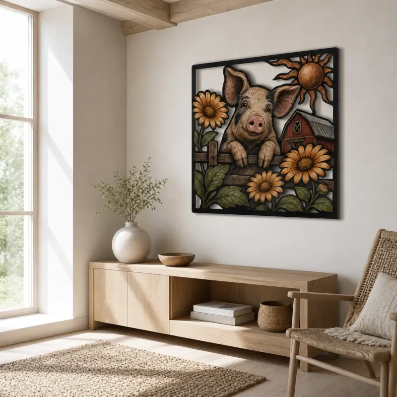 Happy Pig with Daisies and Farmhouse Barn Colorful Metal Wall Art