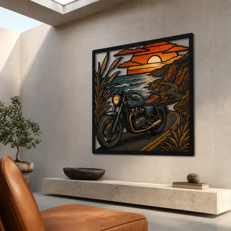 Cafe Racer Motorcycle on Coastal Road at Sunset Colorful Metal Wall Art