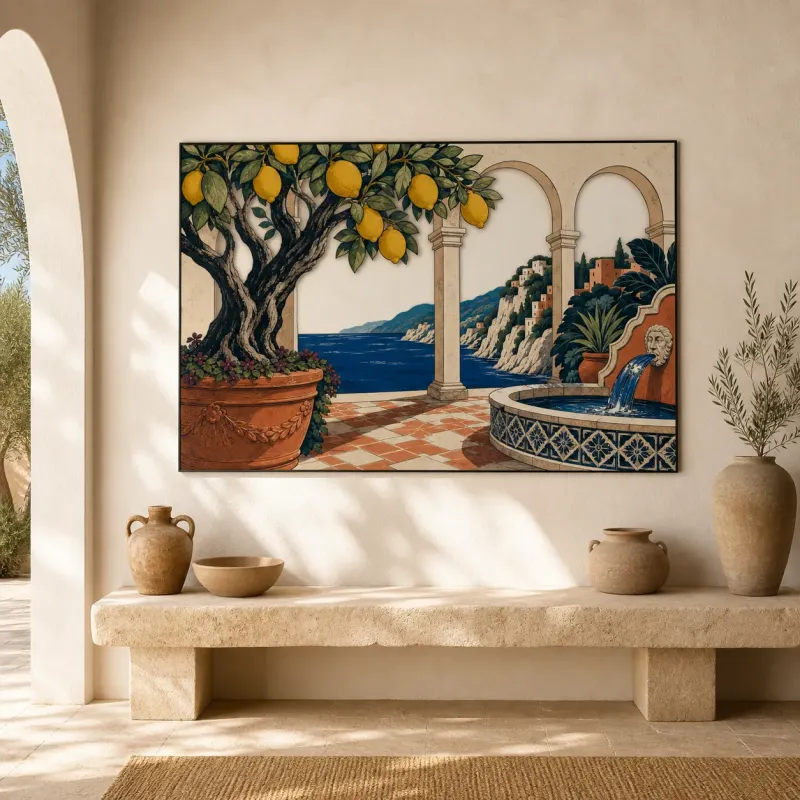 Mediterranean Lemon Courtyard with Sea View Colorful Metal Wall Art